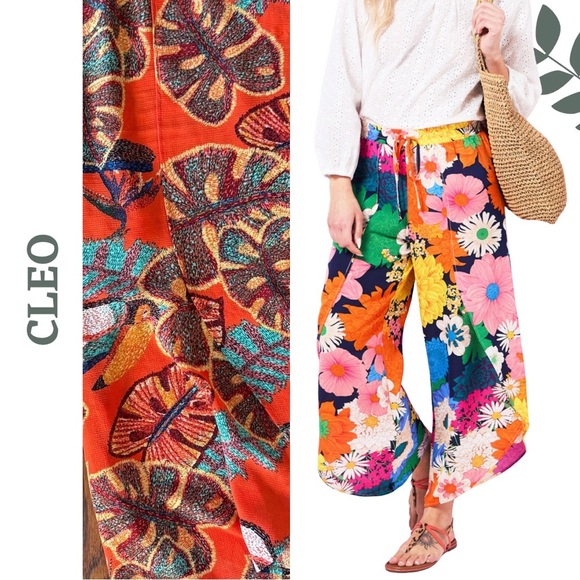 CLEO Tropical Leaf Print Tulip Pants Orange Elastic Waist – Size XL - Picture 1 of 7